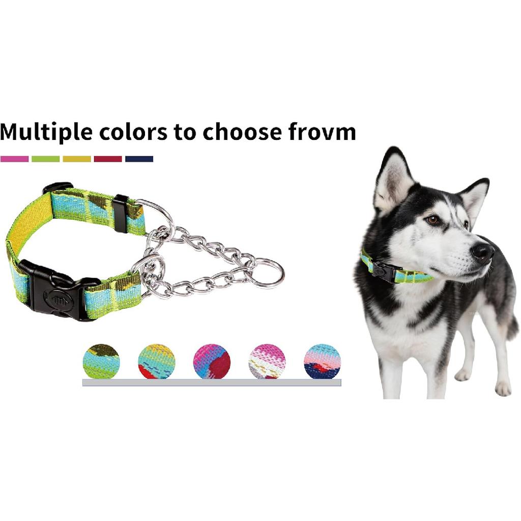 Martingale Dog Collars with Stainless Steel Chain, Reflective No Pull Walking Training Collar with Quick Release Buckle, Adjustable Slip Chain Nylon