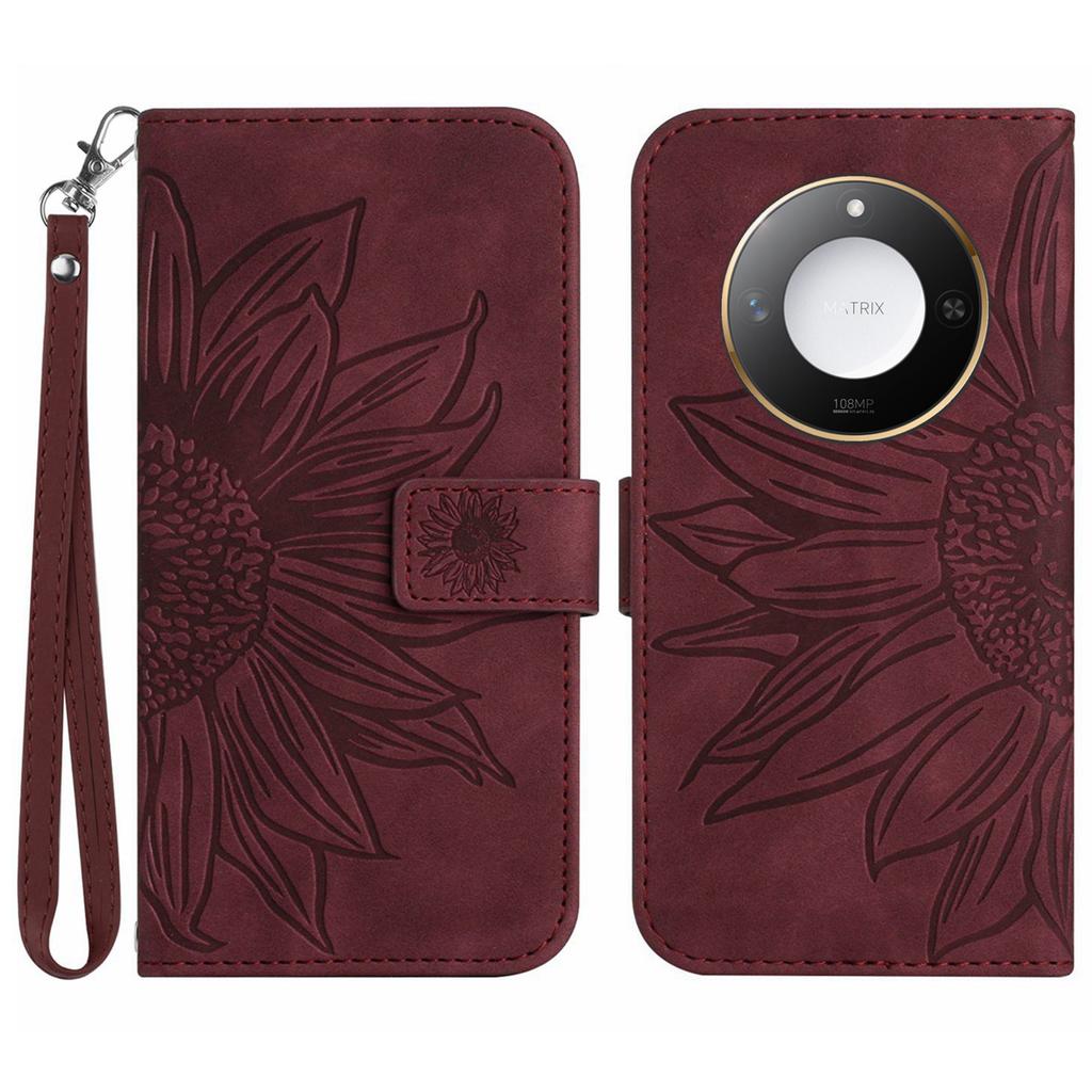 For Honor X9c Smart 5G Case Sunflower Imprint Leather Wallet Phone Cover with Wrist Strap