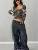 European Fashion 2025 Women's Retro Camouflage Tree Branch Pattern U-Neck Slim Fit Cropped T-Shirt