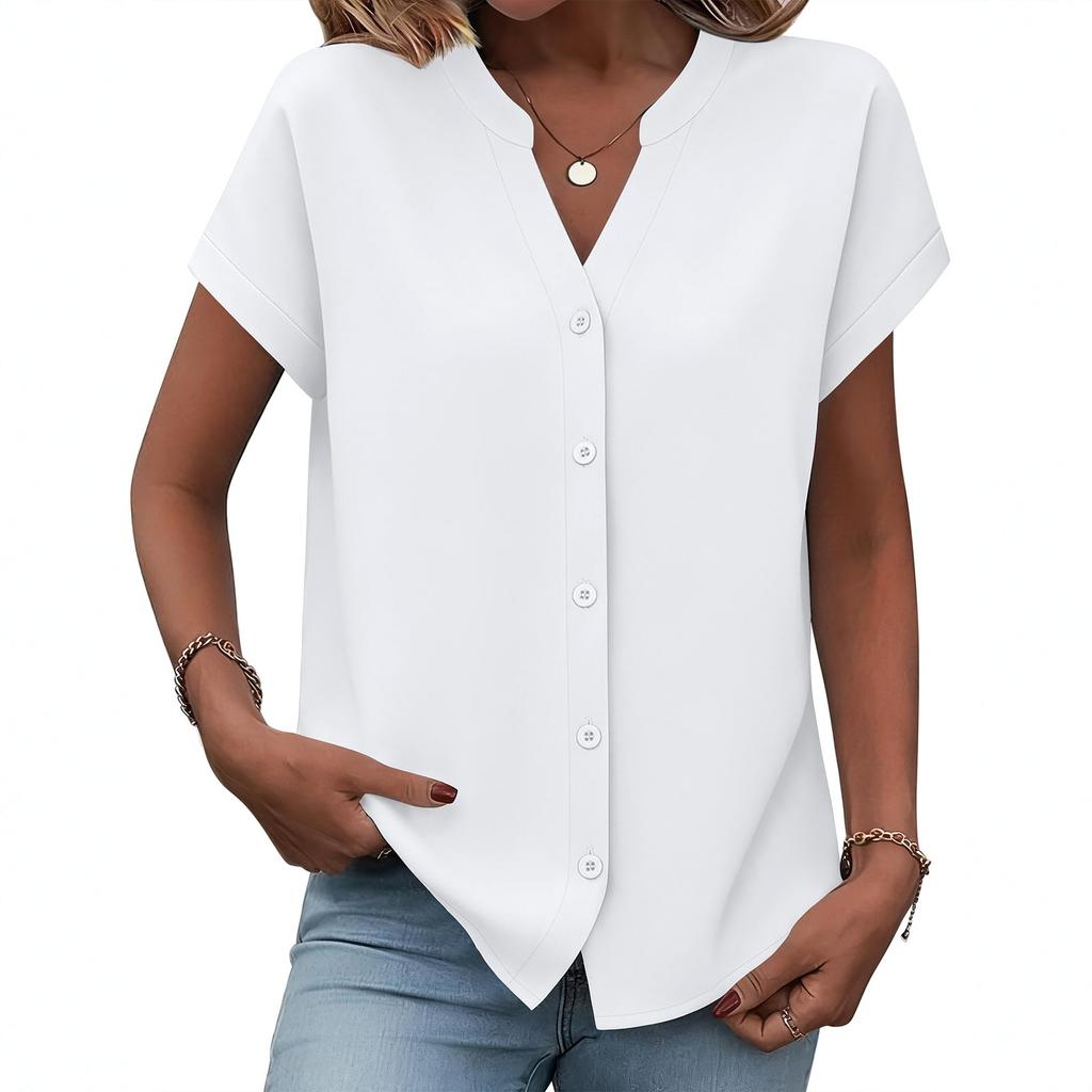 Button Down Shirts For Women Short Sleeve Tops V Neck Collar Blouses Business Casual