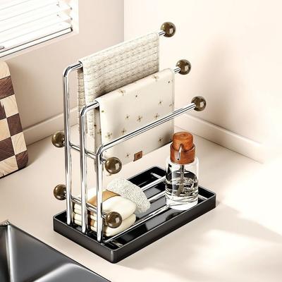 Stainless Steel Kitchen Rag Drying Rack Anti-rust Multi-functional Towel Holder with Drainage Tray Jewelry Storage Rack Bathroom
