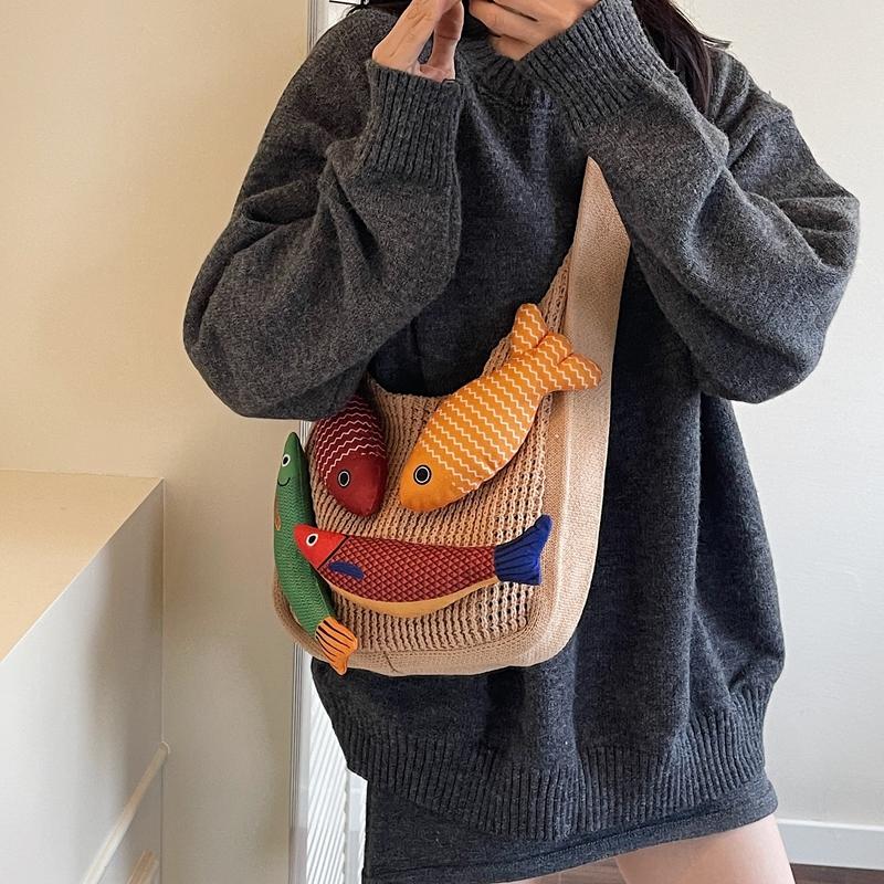 Borse a Spalla Shopper in Lana Lavorata a Maglia Decorazione Pesce Fortunato per Donna Grande Capacità Borsa da Shopping Borsa a Mano Casual da Strada Design Koi 2026