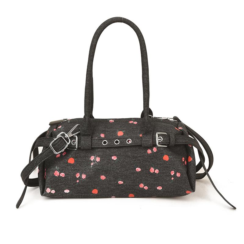 

New Arrival Fashion Y2K Floral Denim Shoulder Bag Women Vintage Rose Print Boston Handbag Retro Casual Top Handle Tote Bag чёрный