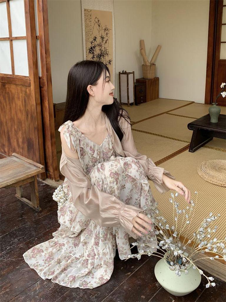 French Floral Ruffled Camisole Dress & Cardigan Set - Women's Slimming Summer Long Dress