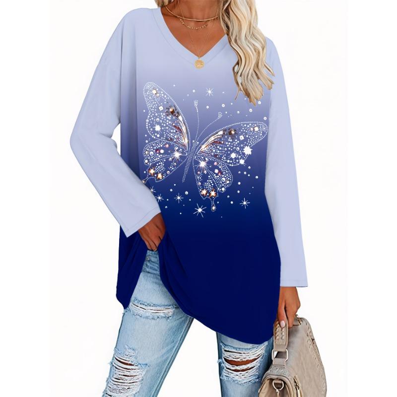 Fashion Women's Basic V-Neck Long Sleeve Butterfly Printed Polyester Relaxed Fit Tees Shirt Spring Fall Casual Comfort Tops