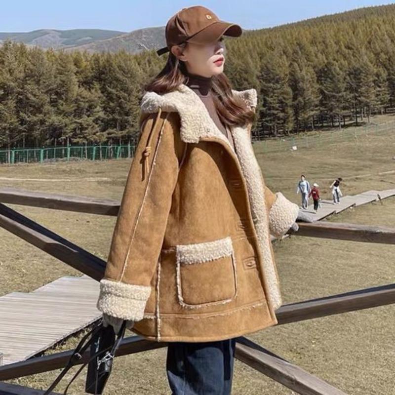Imitation suede fur integrated lamb fur coat women's winter new velvet thickened hooded cotton clothes