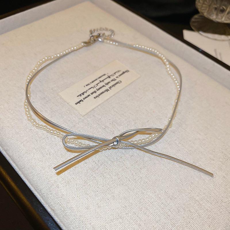 

Жемчужный бант Двухслойное ожерелье на ключицу из искусственной кожи для женщин