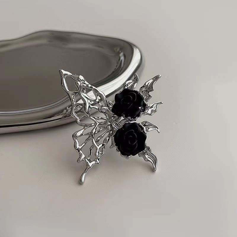 Vintage Punk Metall Svart Rose Flytende Sommerfugl Åpningsring for Kvinner Overdreven Justerbar Dyre-ring Estetiske Smykker