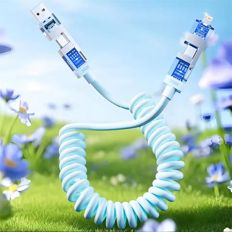 240W 4-in-1 Retractable spring super fast charging data cable For iPhone15 16 Samsung supports carplay data cable