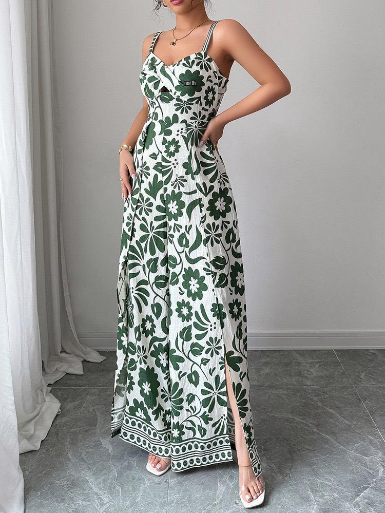 2025 Elegant Twist Print Spaghetti Strap Backless Jumpsuit with Wide Leg and Long Pants Skirt
