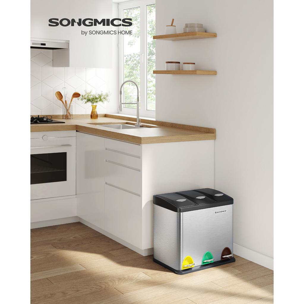 SONGMICS Recycling Bin, 3-in-1 Pedal Bin, 24-Litre Metal Rubbish Bin, Waste Separation System Dustbin for Kitchen, Easy To Clean, Steel, Silver