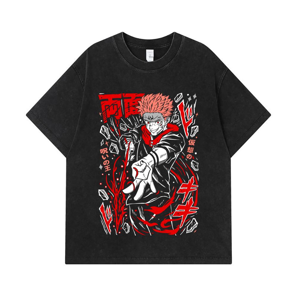 275 GSM Washed T-shirts 100% Cotton Jujutsu Kaisen V31 Sukuna Print Unisex Heavy Cotton T Shirt