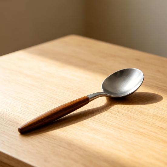 Kaffeskje i rustfritt stål med håndtak i trestruktur, Liten røreskje, Rustikk teskje for dessert og iskrem, Kjøkkenverktøy