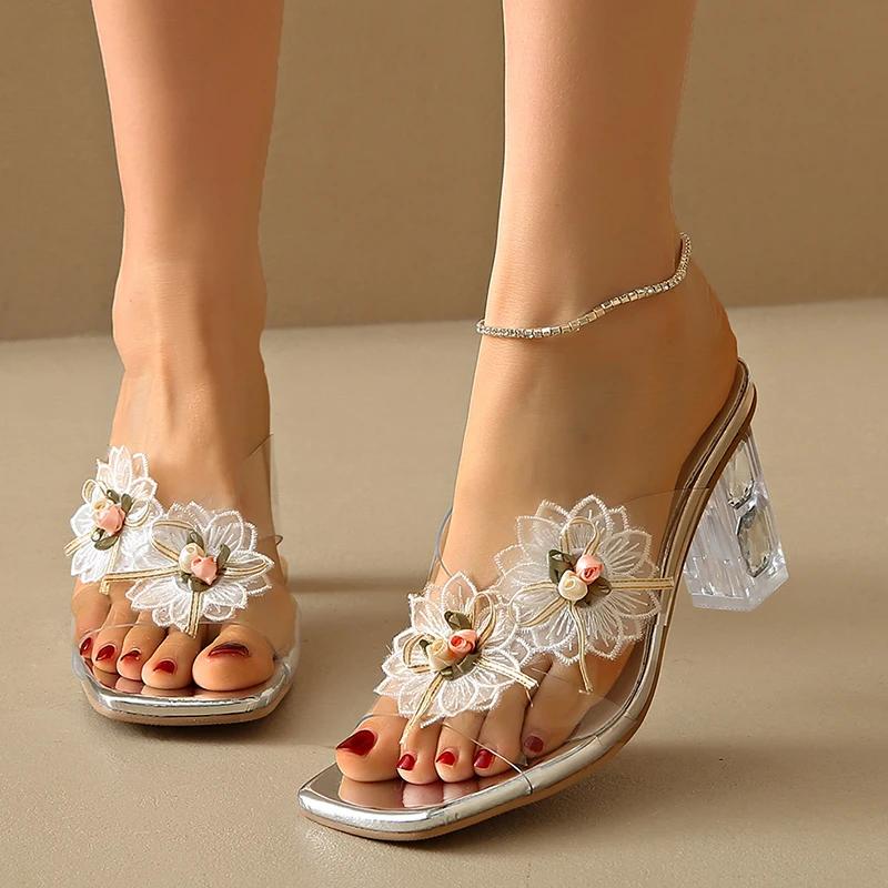 Fashion Fashion Flower Decor High Heels Slippers Women Summer Square Toe Crystal Heeled Sandals Woman Transparent Pvc Party Dress Shoes