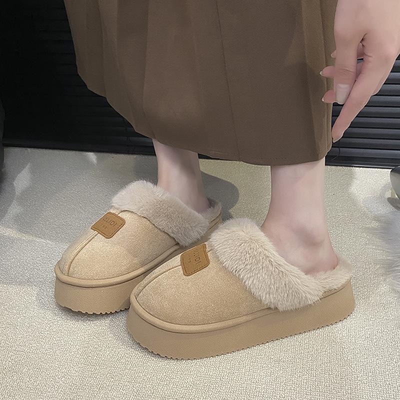 Women's Baotou plush slippers padded warm winter thick bottom heightened home slippers casual walking indoor shoes snow cotton slippers