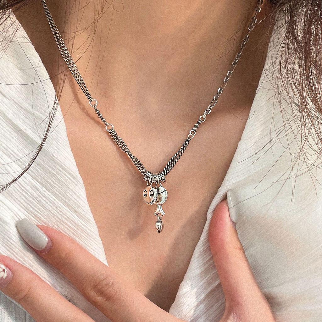 S925 Sterling Silver Heavy Industry Smiley Face Necklace Women's 2022 Retro Thai Silver Clavicle Chain