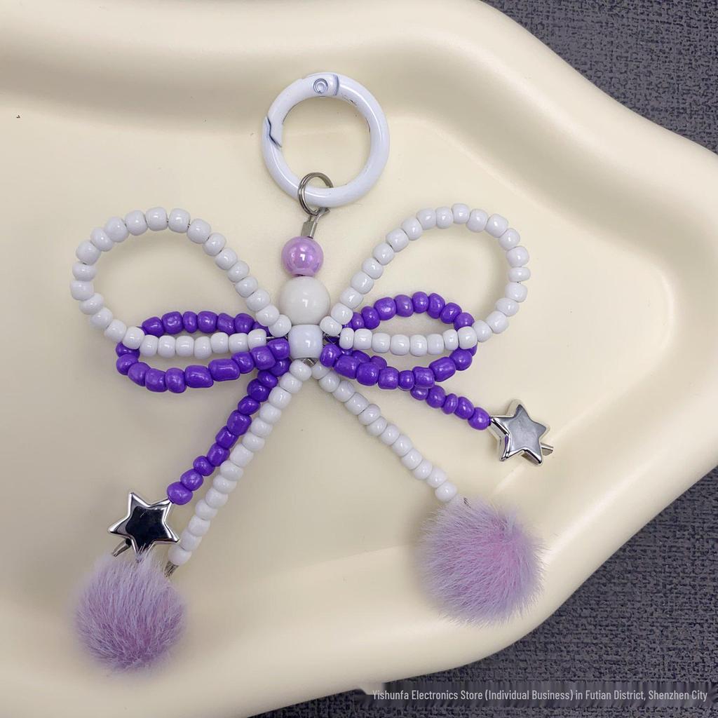 Autumn Winter Fluffy Bow Phone Chain with Beaded Lanyard for Universal Phone and Camera Cases