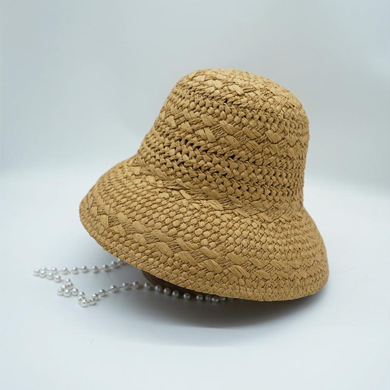 French Japanese Elegant Pearl Chain Woven Bell-Shaped Basin Hat Women'S Summer Sunshade Sunscreen Vacation Beach Hepburn Straw Hat