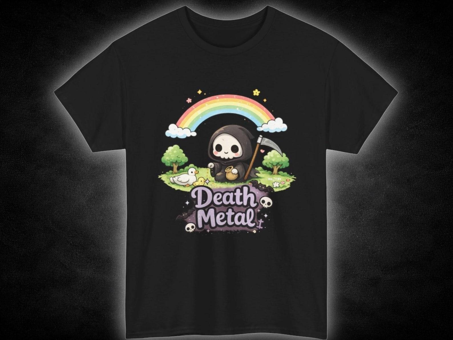 Cute Grim Reaper Rainbow Death Metal Tee | Skull Scythe Illustration 4XL