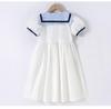 Girls' Cotton Short-Sleeve College Style Dress with Turn-Down Collar – White, Summer 2025