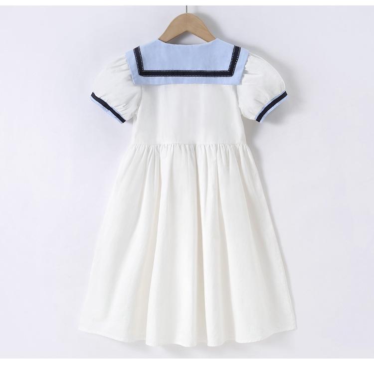 Girls' Cotton Short-Sleeve College Style Dress with Turn-Down Collar – White, Summer 2025