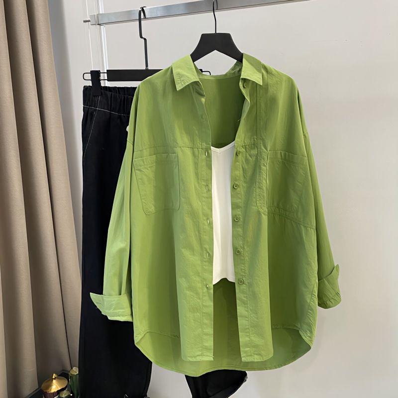 Korean Women's Autumn New Spliced Polo Collar Button Pocket Fashion Solid Loose Casual Long Sleeve Blouses Shirts