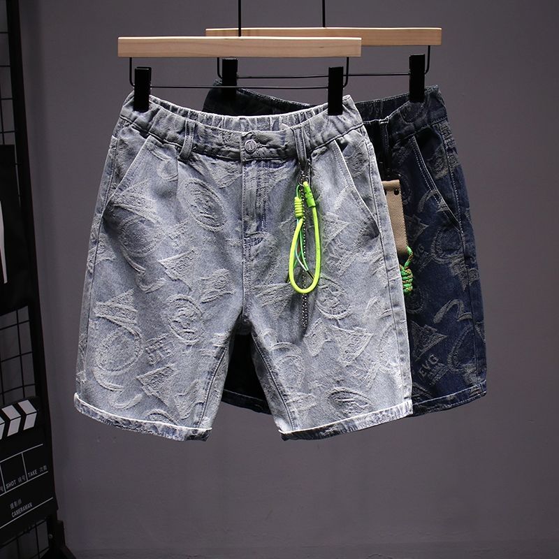 MenJacquard   Fashion  Print Shorts for Men's Loose Straight Casual Denim Shorts
