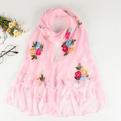 Double Layer Transparent Yarn Long Scarves Head Scarf Flower Embroidery Lace Tassel Hijab Scarf Bufanda Spring Autumn Elegant