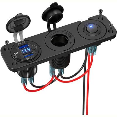 Napájecí zásuvka Dual Quick Charge 3.0 z hliníkové slitiny s kolébkovým přepínačem a LED voltmetrem pro 12-24V autoloď