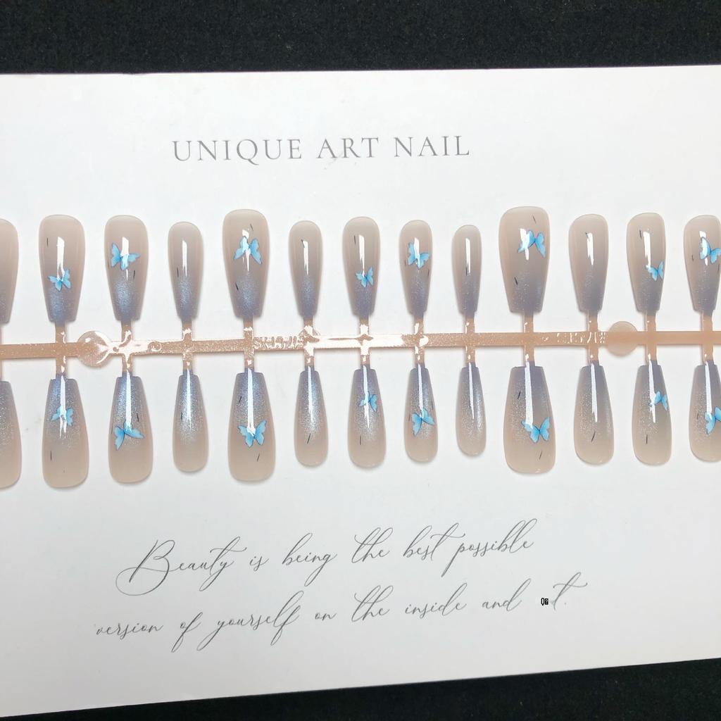 Mint Blue Butterfly Gradient Crystal Cat Eye Press-On Nails