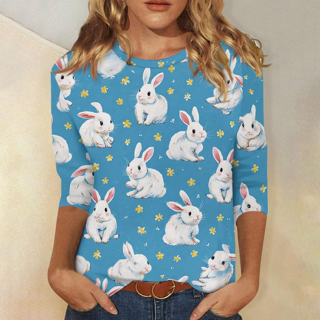 Women's Fashionable Casual Easter Bunny And Egg Print Neck Three-Quarter Sleeve T-Shirt