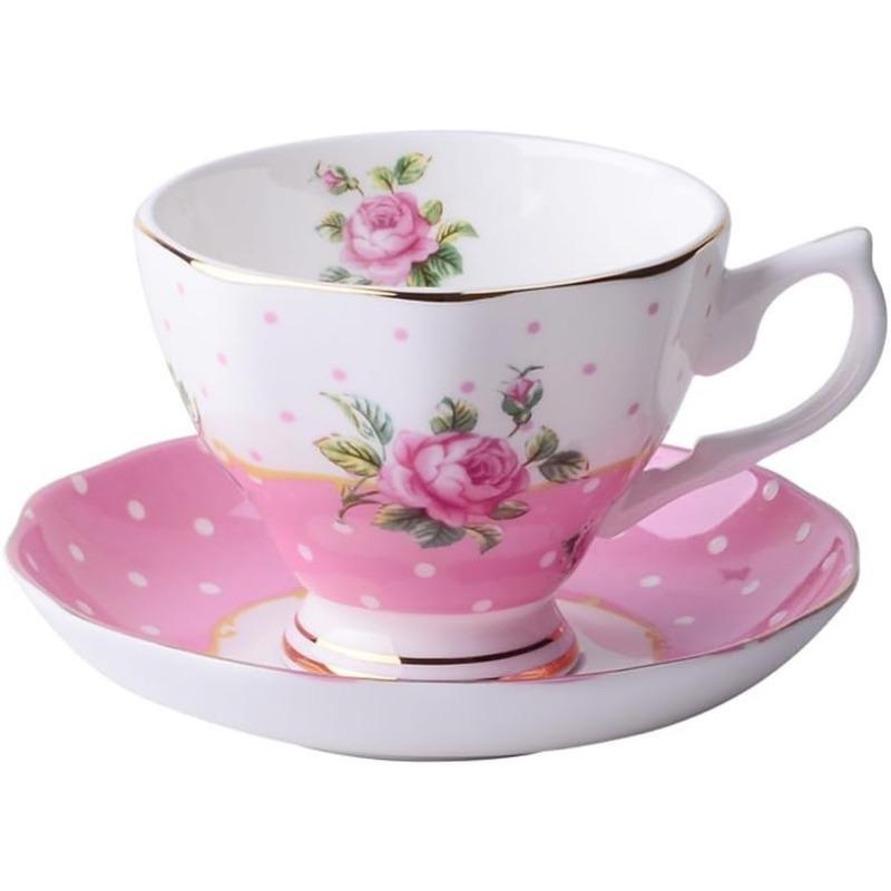 Floral Coffee Cup Sets 170ml Vintage Fine Bone China Tea Cup Spoon and Saucer Set Gold Trim Fine Dining and Table Decor