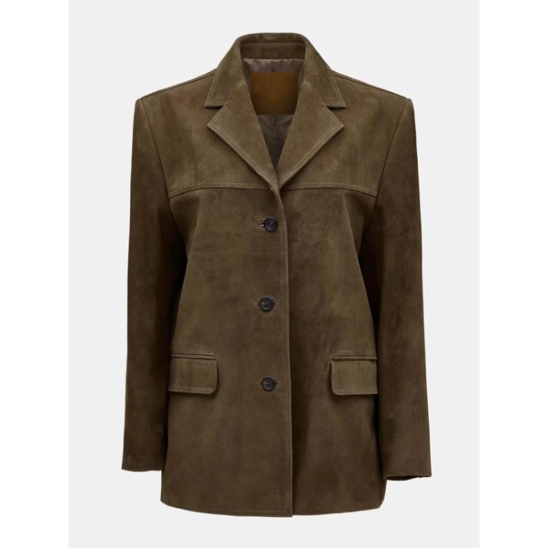 Jesień Zima Vintage Wykładany Kołnierz Zamszowa Tkanina Blezery Kobiety Luźny Casual Jednolity Kolor Pasujący do Wszystkiego Top Garniturowy