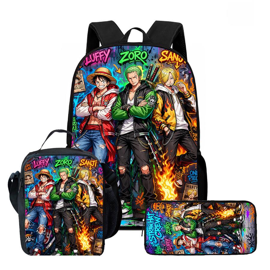 One Piece Anime Backpack 3Pcs Set Cartoon School Backpack Crossbody Bag Pencil Case Student Schoolbag Travel Backpack Gift