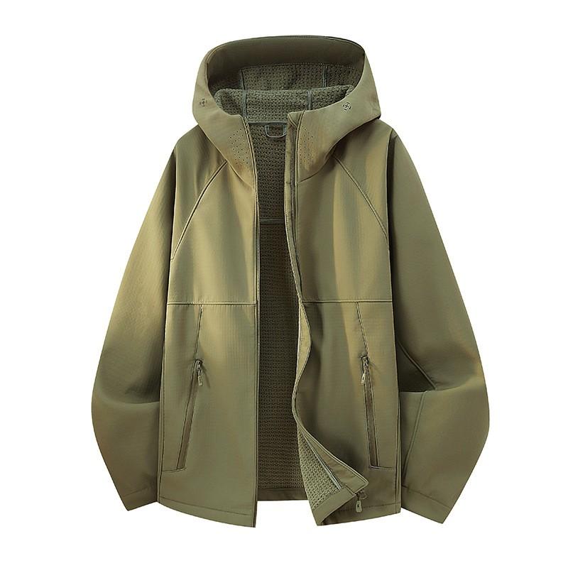 Mens Lightweight Outdoor Hooded Softshell Jacket Fall Casual Wear Solid Color Loose Fit Windproof
