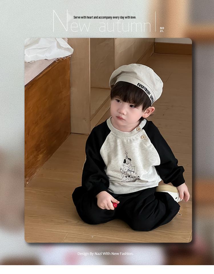 Höst 2025 Koreansk Stil Pojkars Tecknat Tryck Raglanärm Tvådelat Set