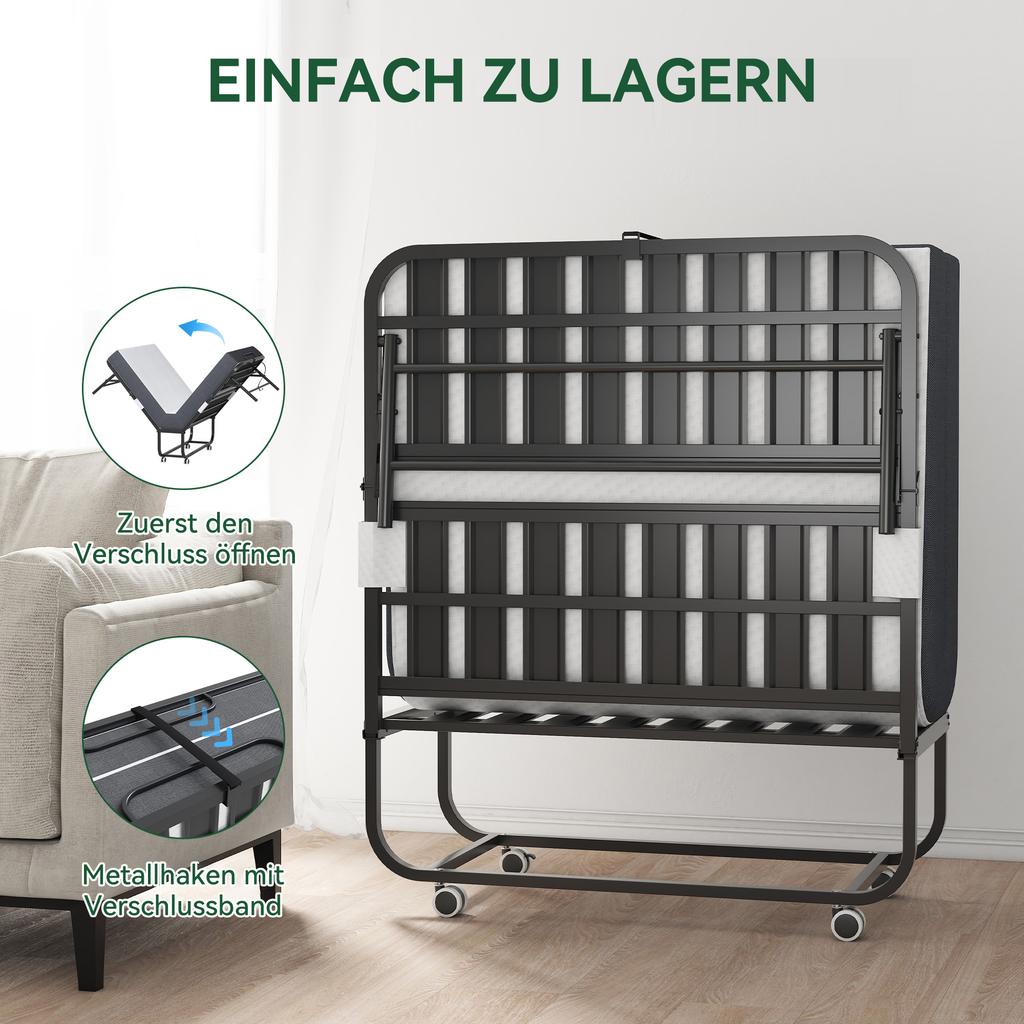 190 × 96 cm Klapp-Einzelbett mit 9,5 cm Memory-Schaumstoffmatratze, Tragbares Gästebett/Klappbett, Stabiler Metallrahmen