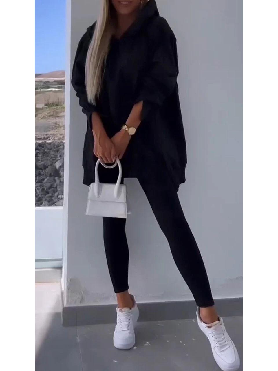 

Жіночий повсякденний спортивний костюм - Худі з капюшоном та облягаючі штани S чорний