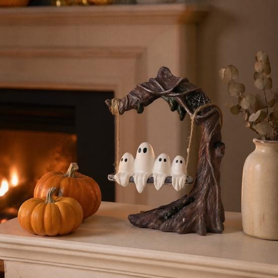 Vintage Tree Swing Ghost Statue On Halloween Decor, Resin Spooky Figurine with Cute And Desktop Decoration Base, Festive Party Tabletop Ornament,