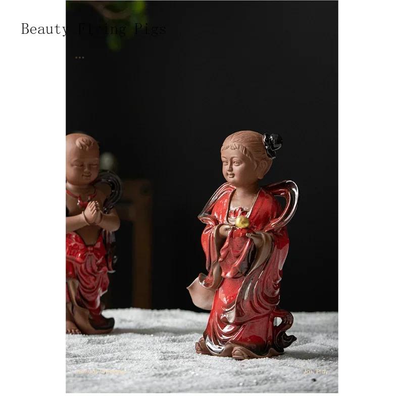 2PCS Ceramic Golden Boy and Jade Girl Ornament Traditional Chinese Feng Shui Lucky Crafts Living Room Accessories Gifts