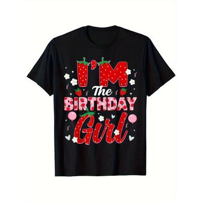 Europäische Größen Kinder Geburtstagskind T-Shirt, Rundhals-T-Shirt, Lässiges Ganzjahres-Kurzarm-Oberteil mit Erdbeerprint,