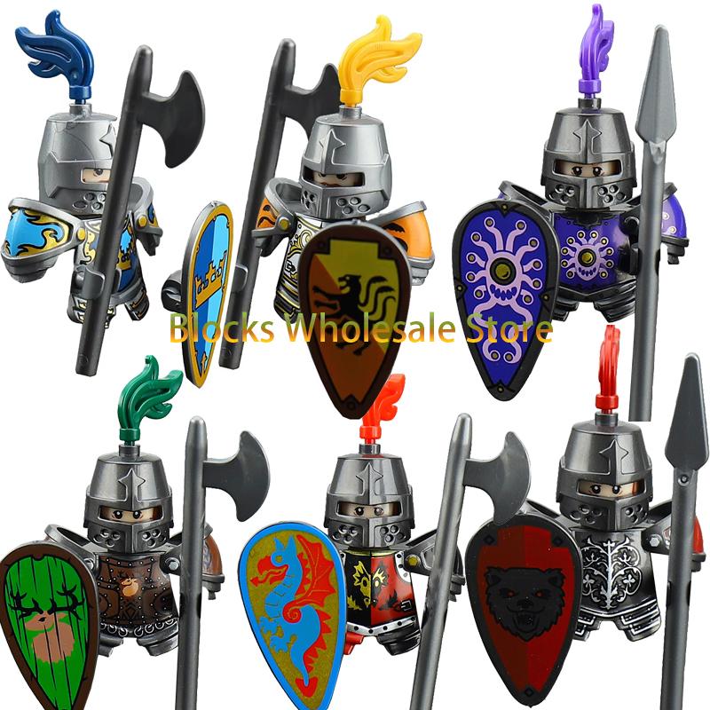 Figuras de Soldados de Castelo Militar Medieval Blocos de Construção Roma Cavaleiro Leão Arma Guerreiro Espada Infantaria Capacete Modelo Tijolos Brinquedos