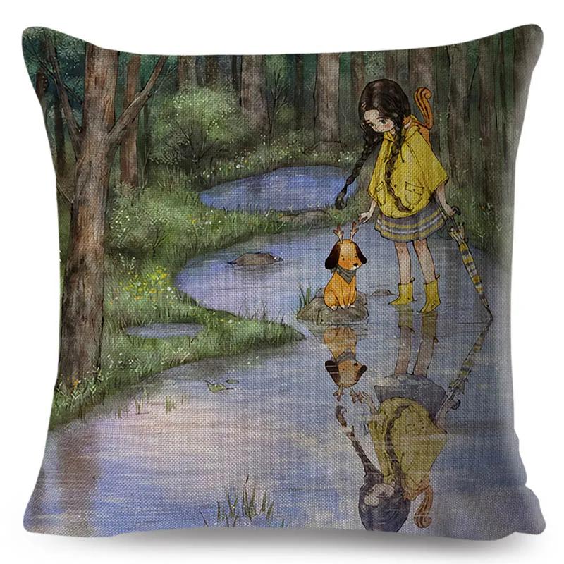 Colorful Cute Cartoon Girl and Pet Dog Fairy Tale World Pillowcase Decor for Sofa Home Pillow Case Polyester Cushion Cover