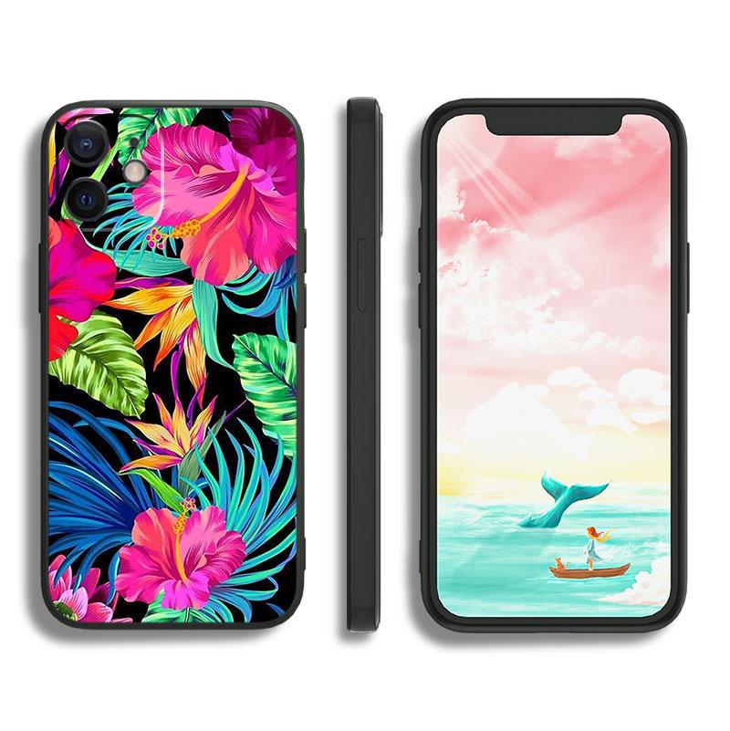 Bunte Blumenblätter für Apple iPhone 11 12 13 Max Mini 7 8 X XR XS Pro Plus Schwarze Luxus-Silikon-Softphone-Hülle