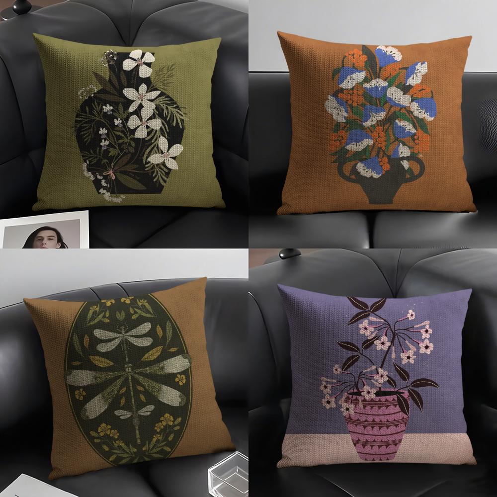 Classic Vintage Vase Cushion Cover Natural Linen Organic Fabric DoubleSided Printing Sofa Home Decor Breathable Environmentally