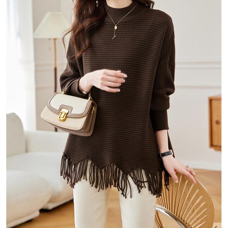 Medium and long fringed cape sweater femininity semi-turtleneck autumn and winter new loose large size knitted sweater
