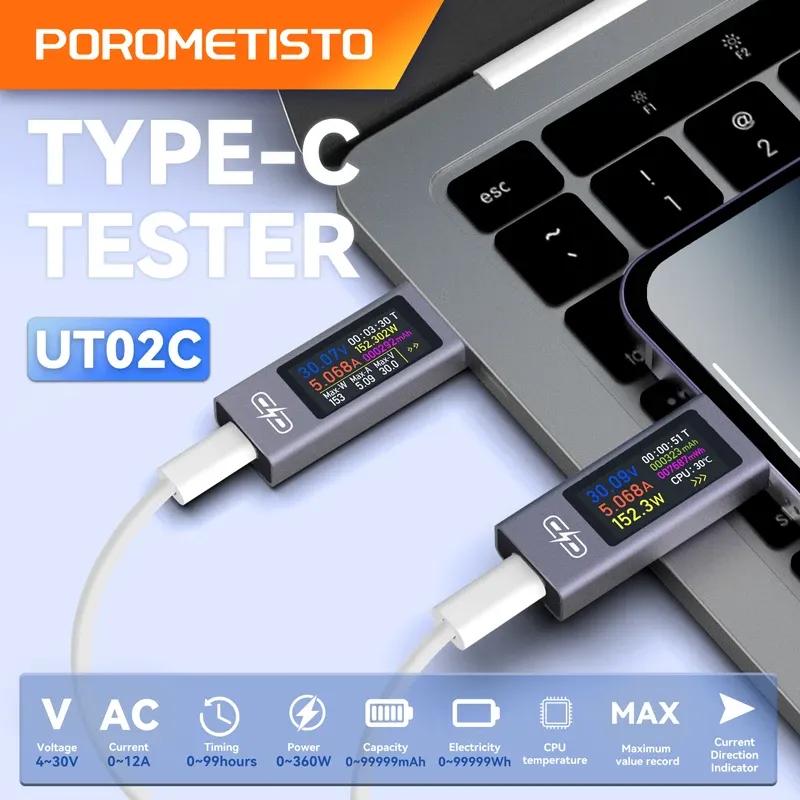 UT02C/UT03C Type-C Tester DC4-30V 0-12A Multi-function Digital Display DC Voltage Ammeter Power Meter Cell Phone Charging Tester