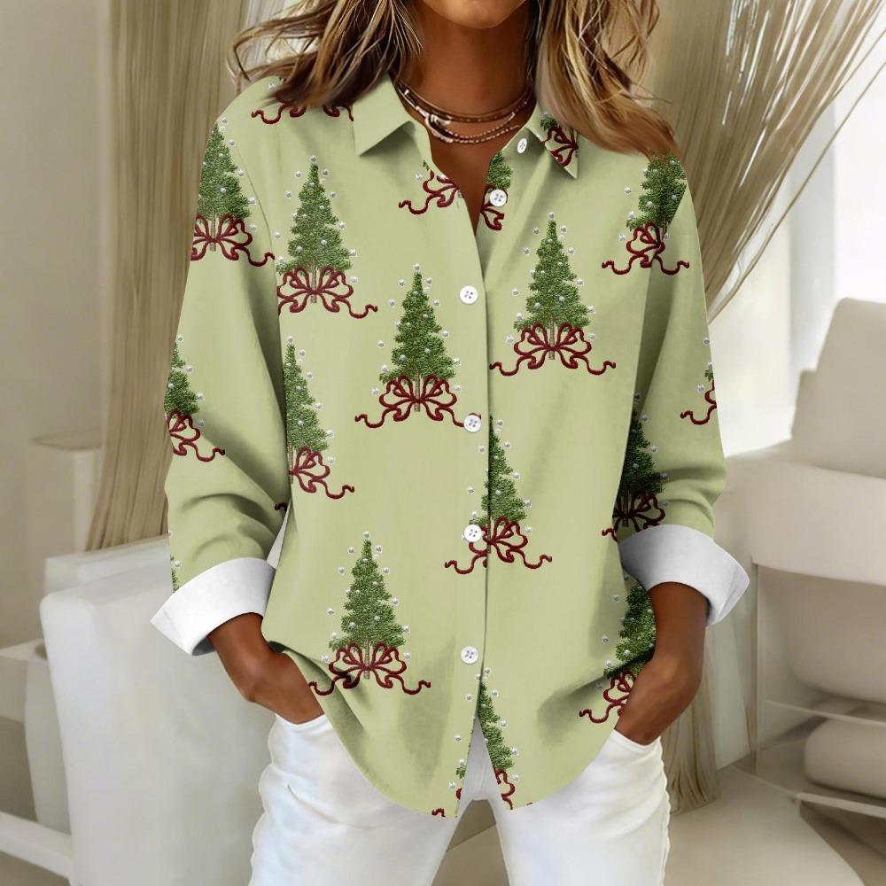 Red Christmas Santa Printed Women Long Sleeve Shirts Casual Autumn Elegant Tops