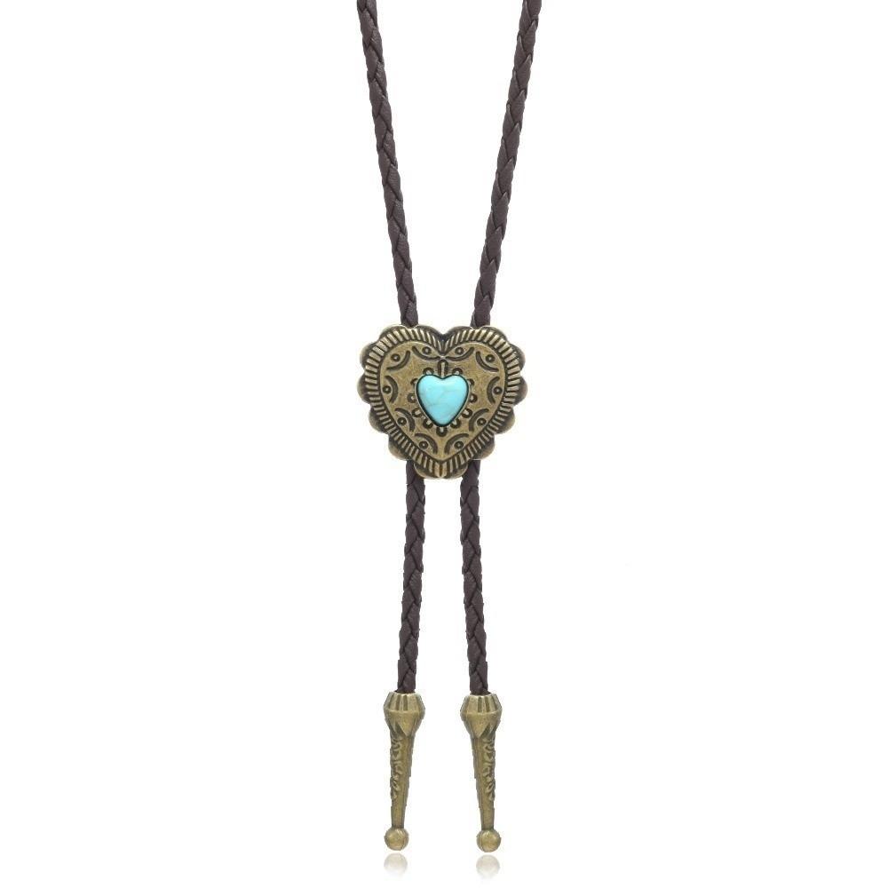 

Ethnic Style Heart Shape Pendant Necklace Blue Turquoise Bolo Tie Men Necklace Costume Cowboy Dark Coffee Gold