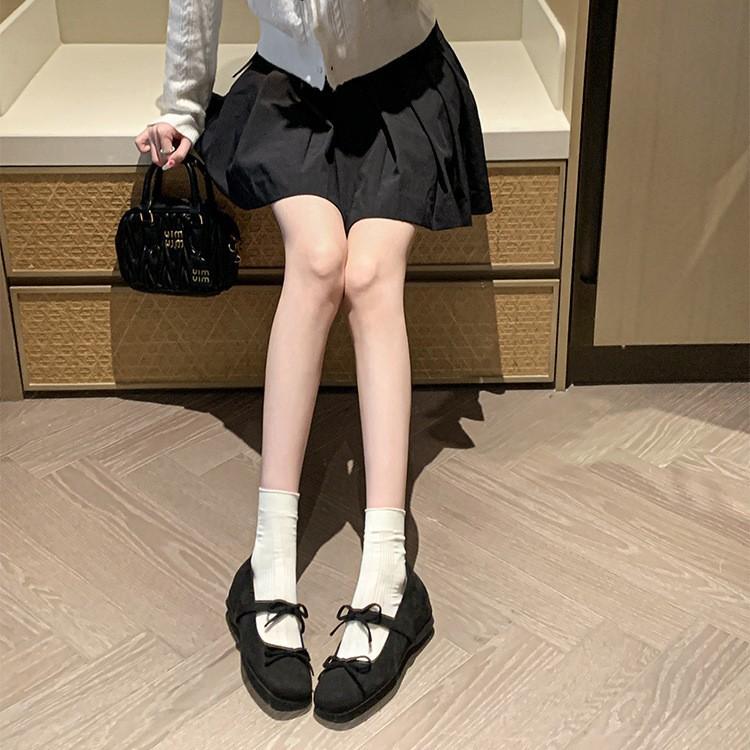 Cowhide version~ Fairy wind shallow mouth 4cm inner height increase French bow flat Mary Jane ballet shoes women's single shoes